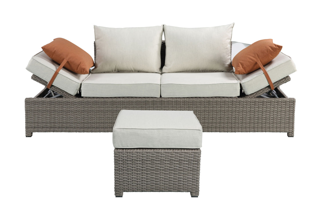 Salena - All Weather Wicker Patio Sofa &amp; Ottoman With 2 Toss Pillows - Beige / Gray