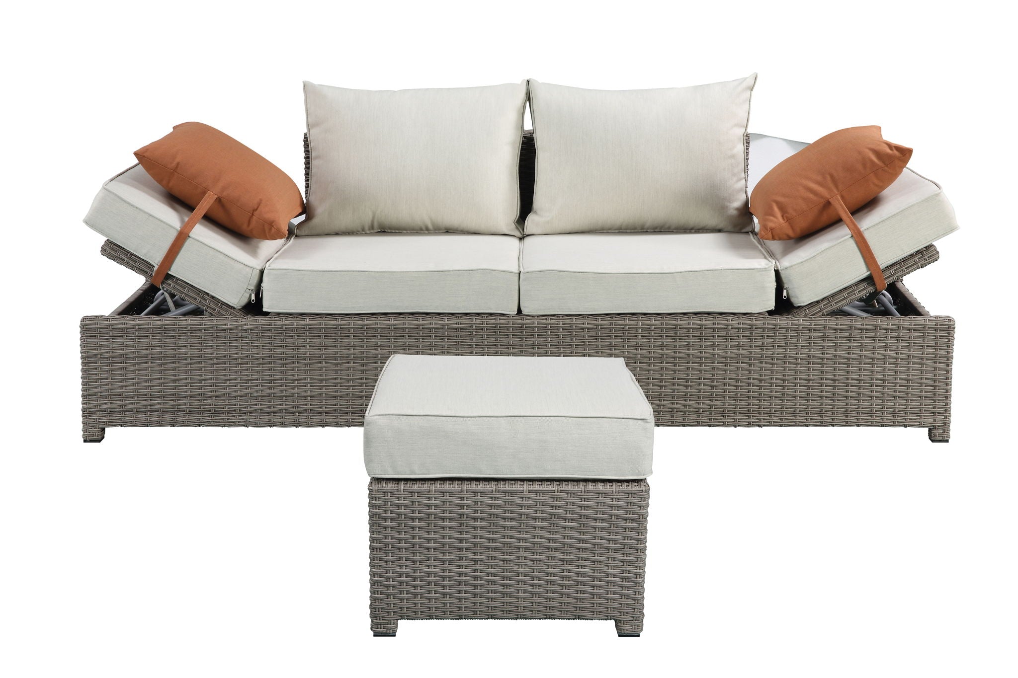 Salena - All Weather Wicker Patio Sofa &amp; Ottoman With 2 Toss Pillows - Beige / Gray
