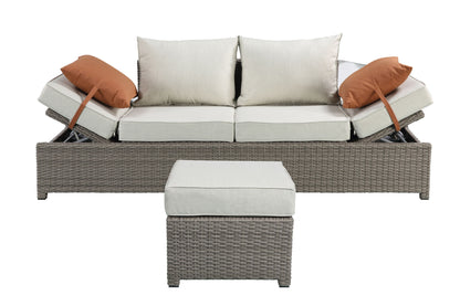 Salena - All Weather Wicker Patio Sofa &amp; Ottoman With 2 Toss Pillows - Beige / Gray