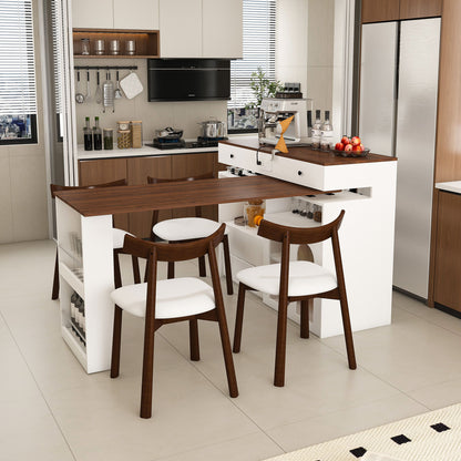 Retro Kitchen Island Set With Chairs, Extendable &amp; Rotating Table, 4 Drawers &amp; Door Cabinets