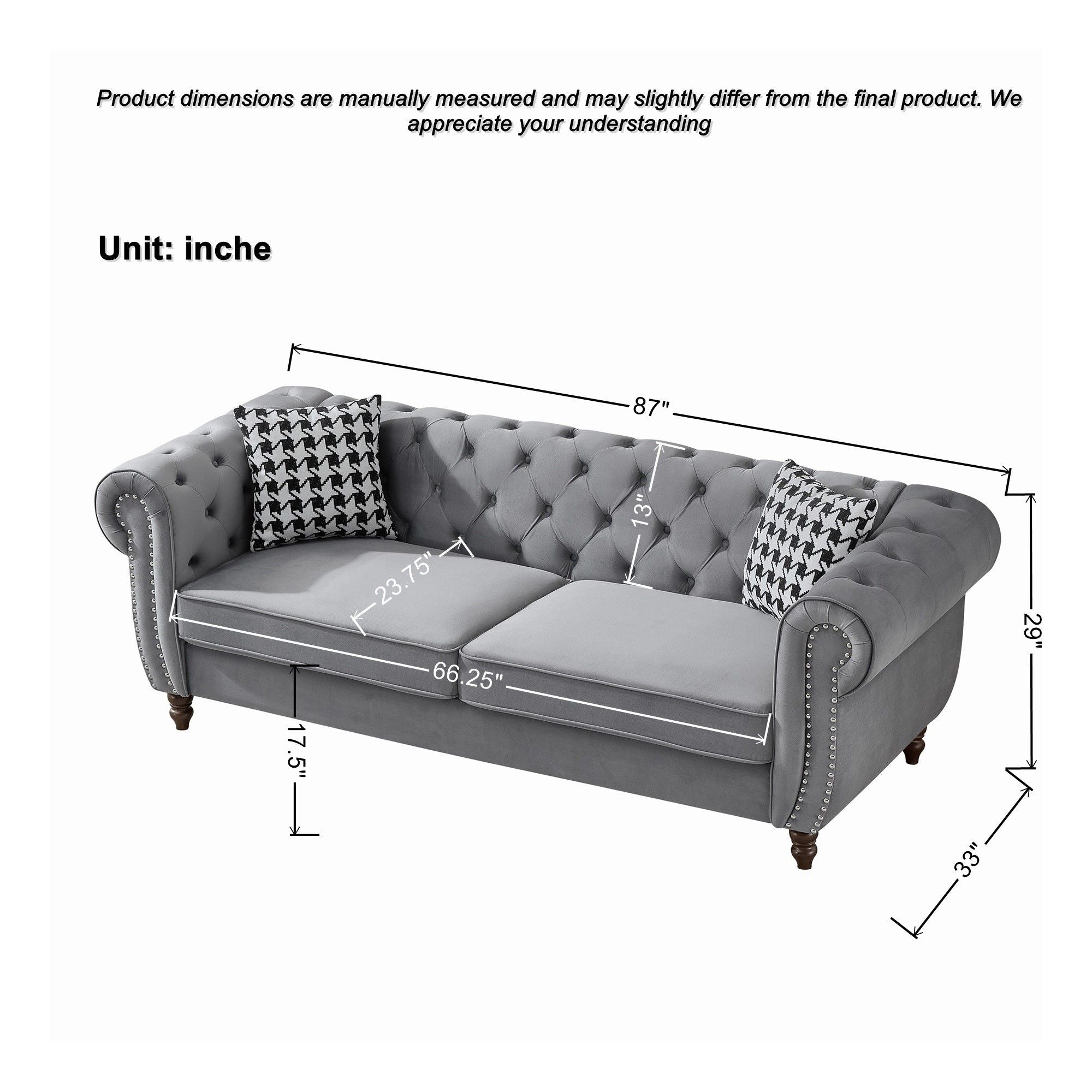 Chesterfield 3 And 2 Seater Velvet Upholstery Sofa With Roll Armrest &amp; Nailhead Fabric Couch