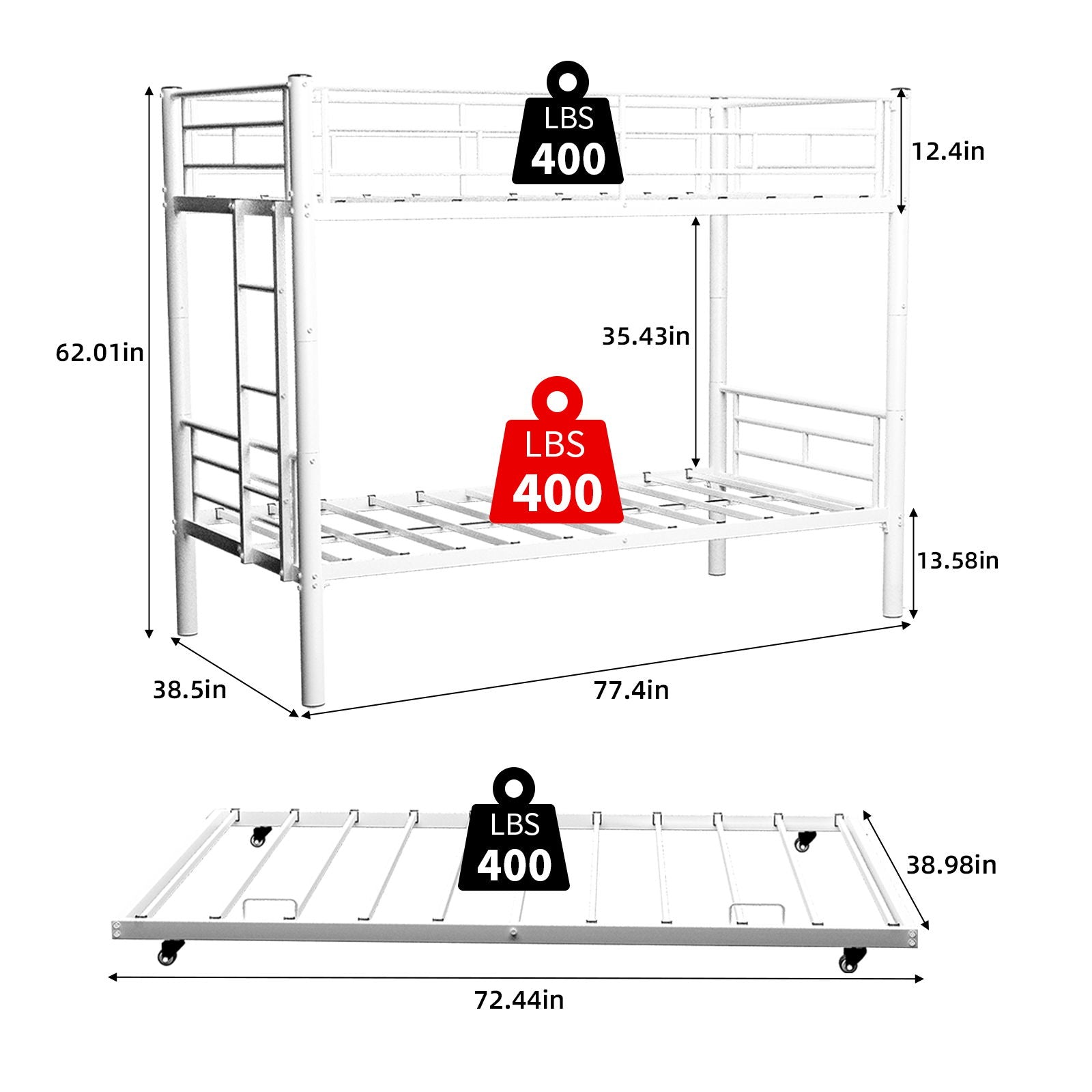 Bunk Bed For Kids, Convertible Frame With Ladders &amp; Guardrail