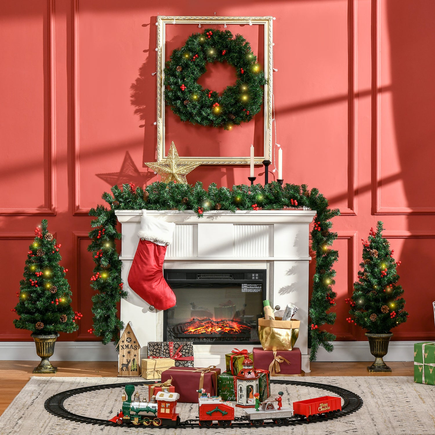 HOMCOM Prelit Holiday Christmas 4-Piece Set, Garland Wreath and Set of 2 Entrance Trees with Warm White LED Lights, Red Berries, Pine Cones, Green