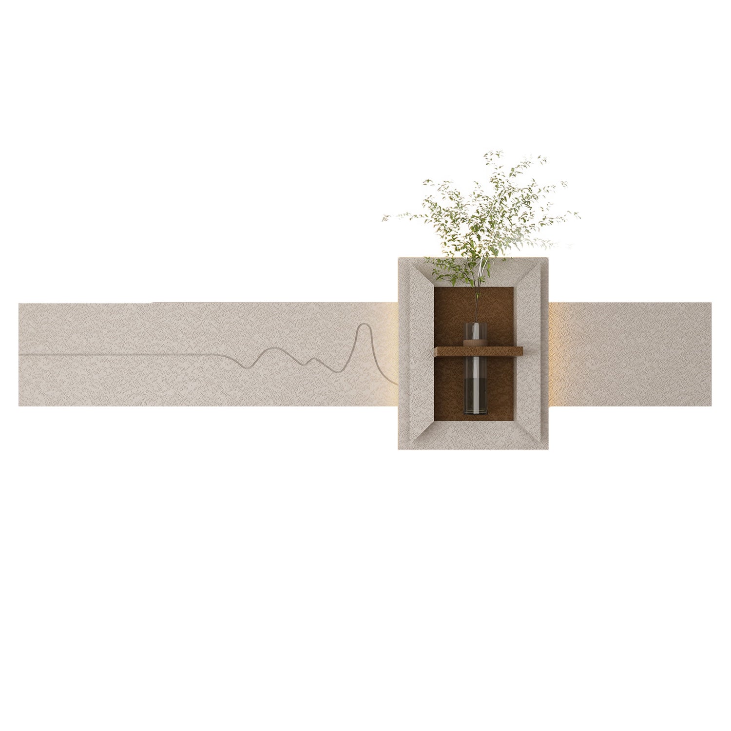 3D LED Sandstone Wall Decor With Simulated Plants, Glass Vase &amp; Remote Control - Light Coffee