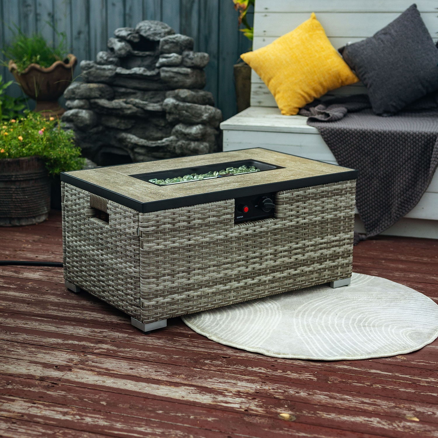 32&quot; Propane Gas Fire Pit Table With Propane Tank Cover, 50000 Btu Rectangular Steel Fire Pit With Beautiful Wicker Base