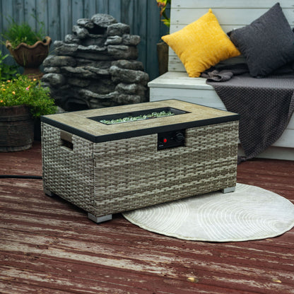32&quot; Propane Gas Fire Pit Table With Propane Tank Cover, 50000 Btu Rectangular Steel Fire Pit With Beautiful Wicker Base