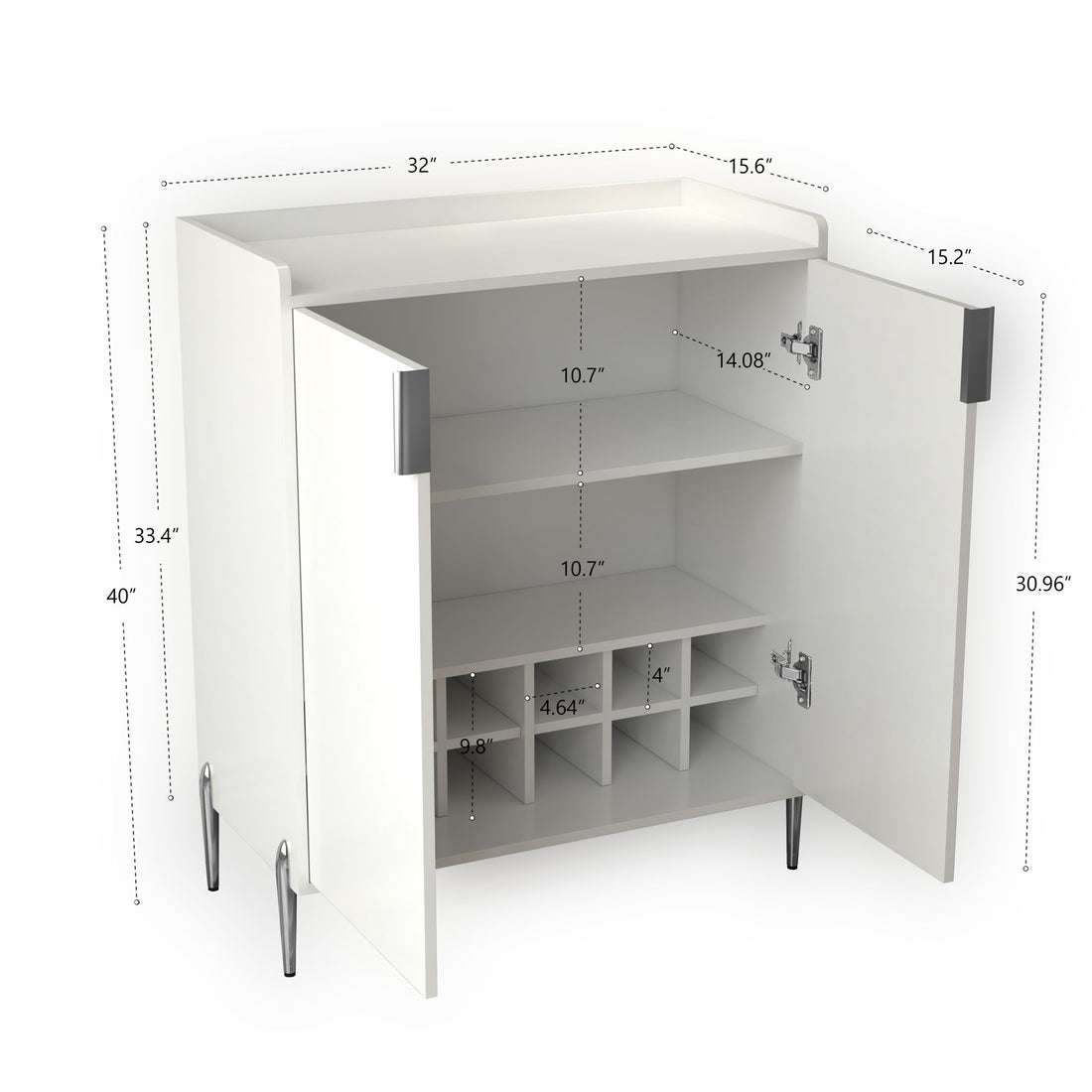 2 Door Wine Bar Cabinet With Adjustable Shelf, Soft-Closing Hinges, And High Feet - White