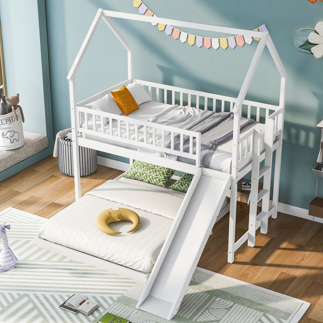 Hearth &amp; Haven - Twin Over Full House Bunk Bed With Slide, Built In Ladder And Full Length Guardrail - White