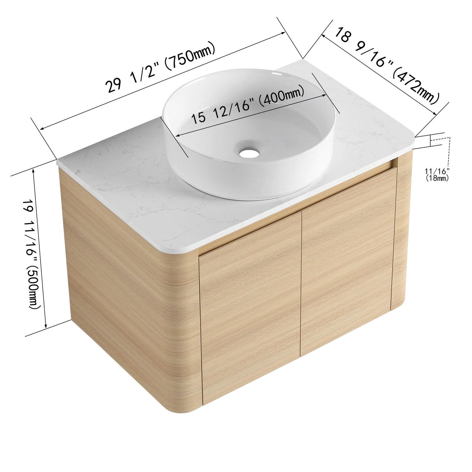 Mounted Bathroom Vanity With Art Sink &amp; 2 Soft Close Doors
