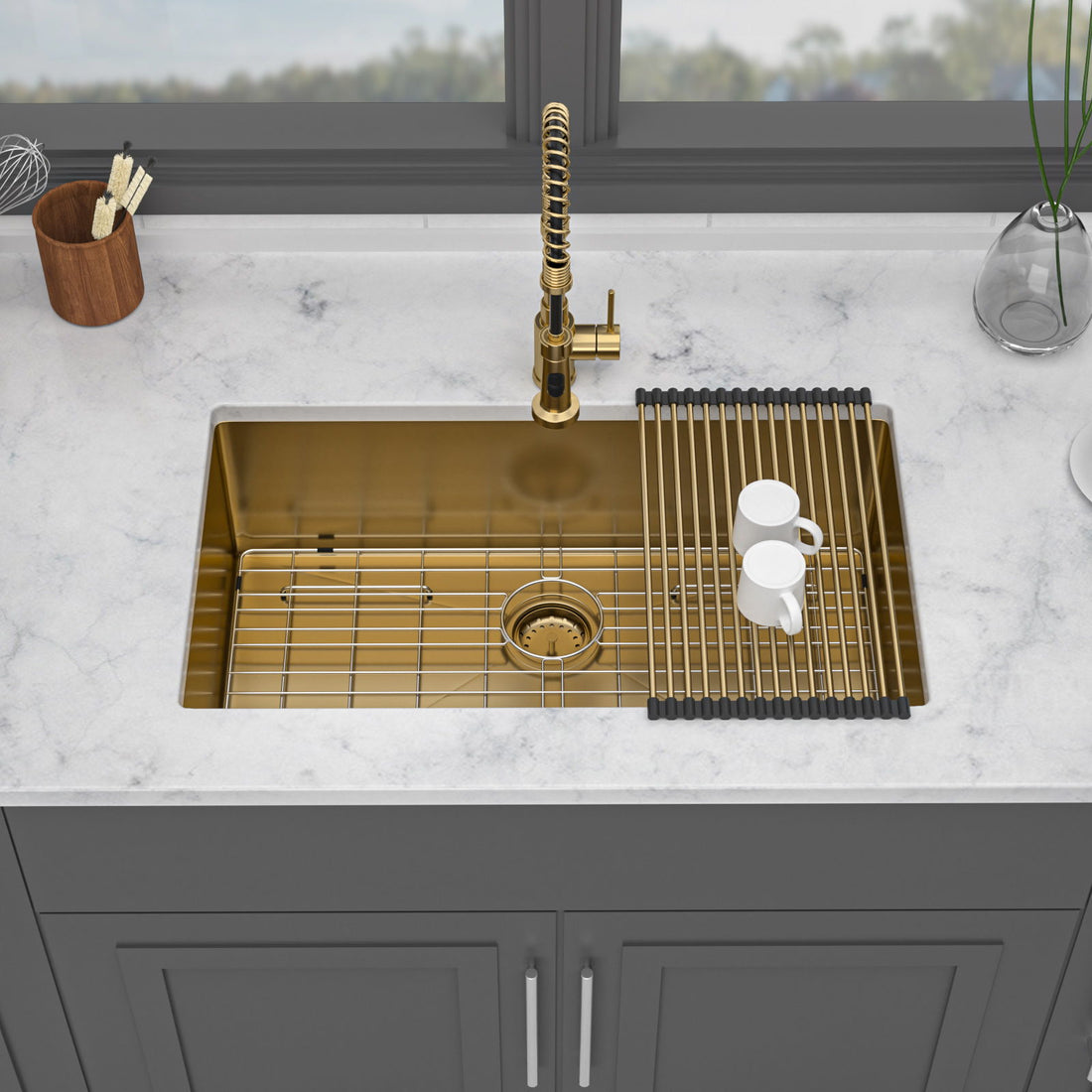 Gold Finish Undermount Stainless Steel Kitchen Sink 32&quot; X 19&quot; 16 Gauge Deep Single Bowl