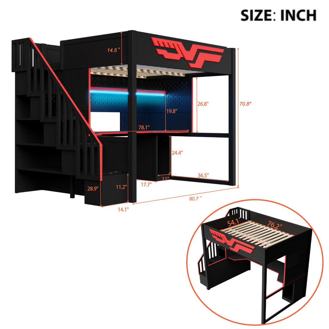 Full Gaming Loft Bed With Desk And Storage Staircase, LED Lights And USB - Red / Black