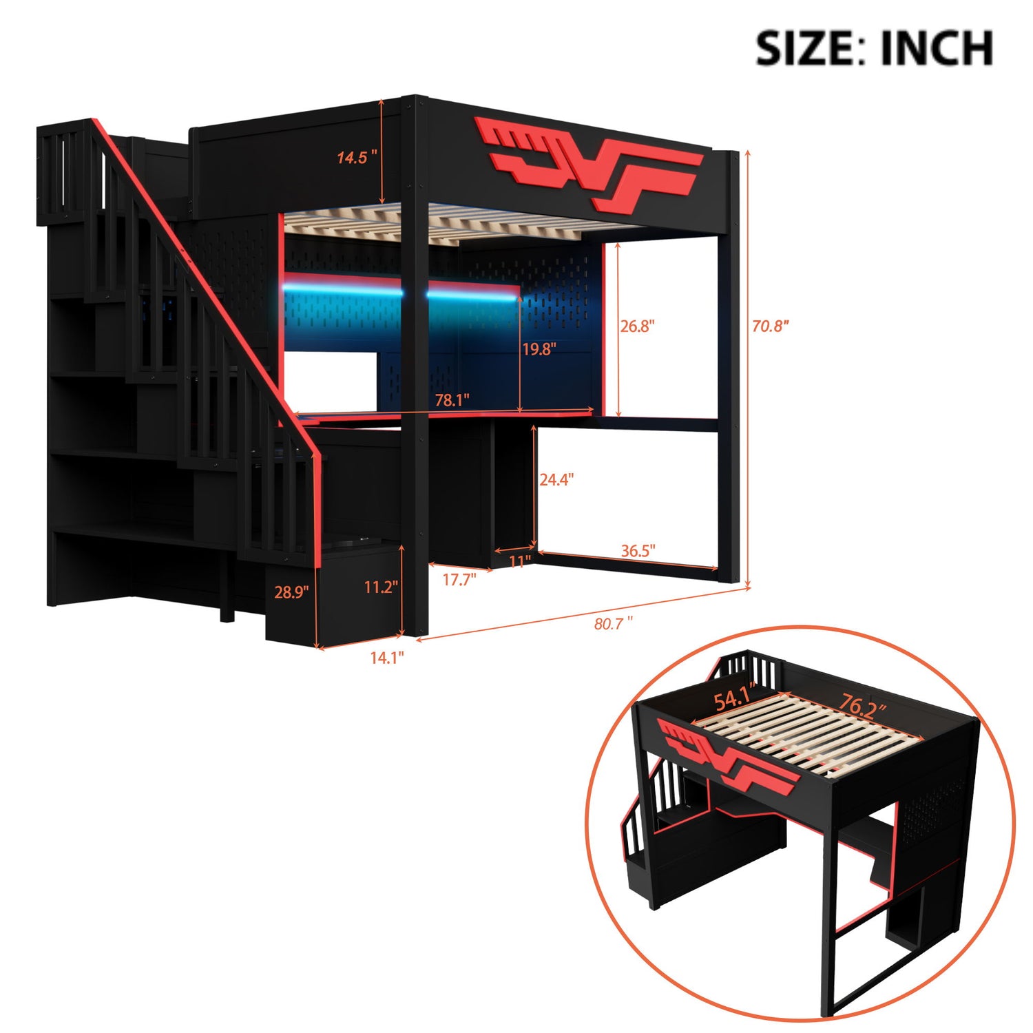 Full Gaming Loft Bed With Desk And Storage Staircase, LED Lights And USB - Red / Black
