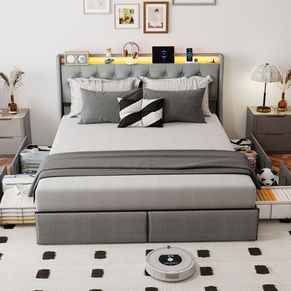 Platform Bed Frame With RGB LED Lights, Charging Station, Storage Headboard &amp; 4 Underbed Drawers