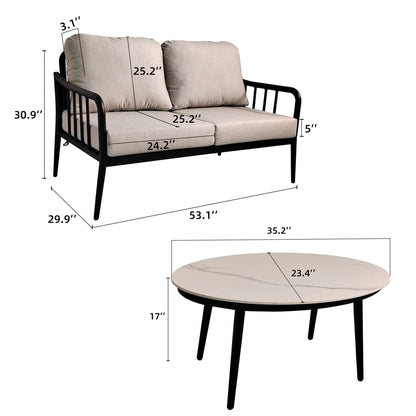 2 Piece Outdoor Patio Furniture, Modern Loveseat Sofa Conversation / Chat Set, Sunbrella Cushions And Oval Coffee Table - Ember Black
