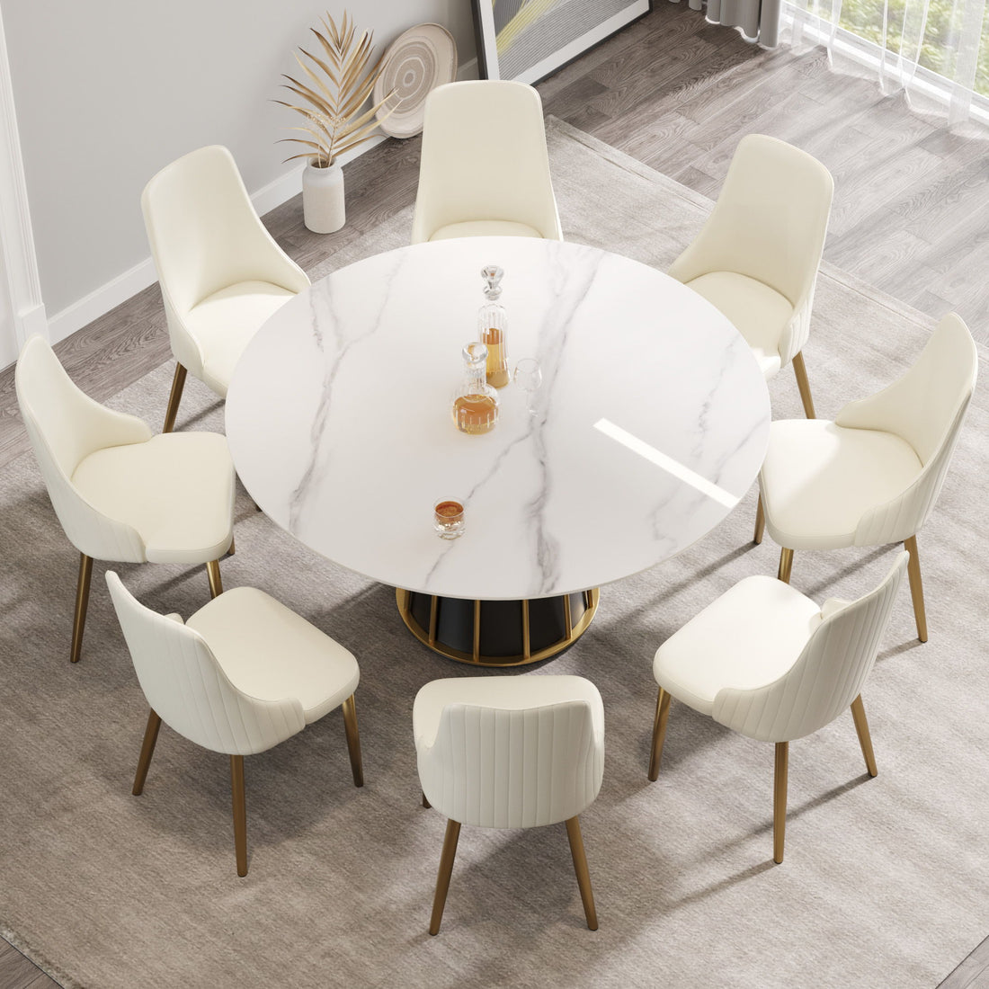 59.05&quot; Modern Artificial Stone Round Panel Metal Iron Base Dining Table, Can Accommodate 8 People, (Not Including Chairs) - White / Black