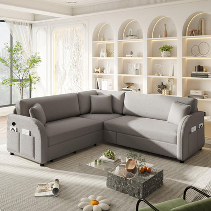 L-Shaped Couch With Pull-Out Bed, Oversize Convertible Sleeper Sofa With Side Pocket &amp; USB Port