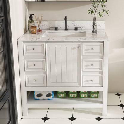 37&quot; Bathroom Vanity With Artificial Marble Carrara Top, Multi Functional Cabinet With Doors And Drawer - White