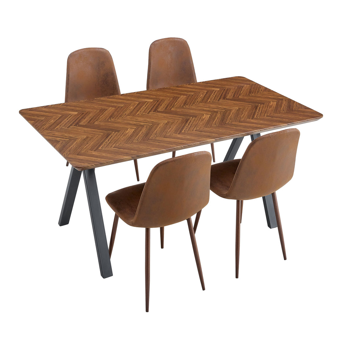 Suede Backrest Chairs With Metal Legs &amp; Herringbone Dining Table Set