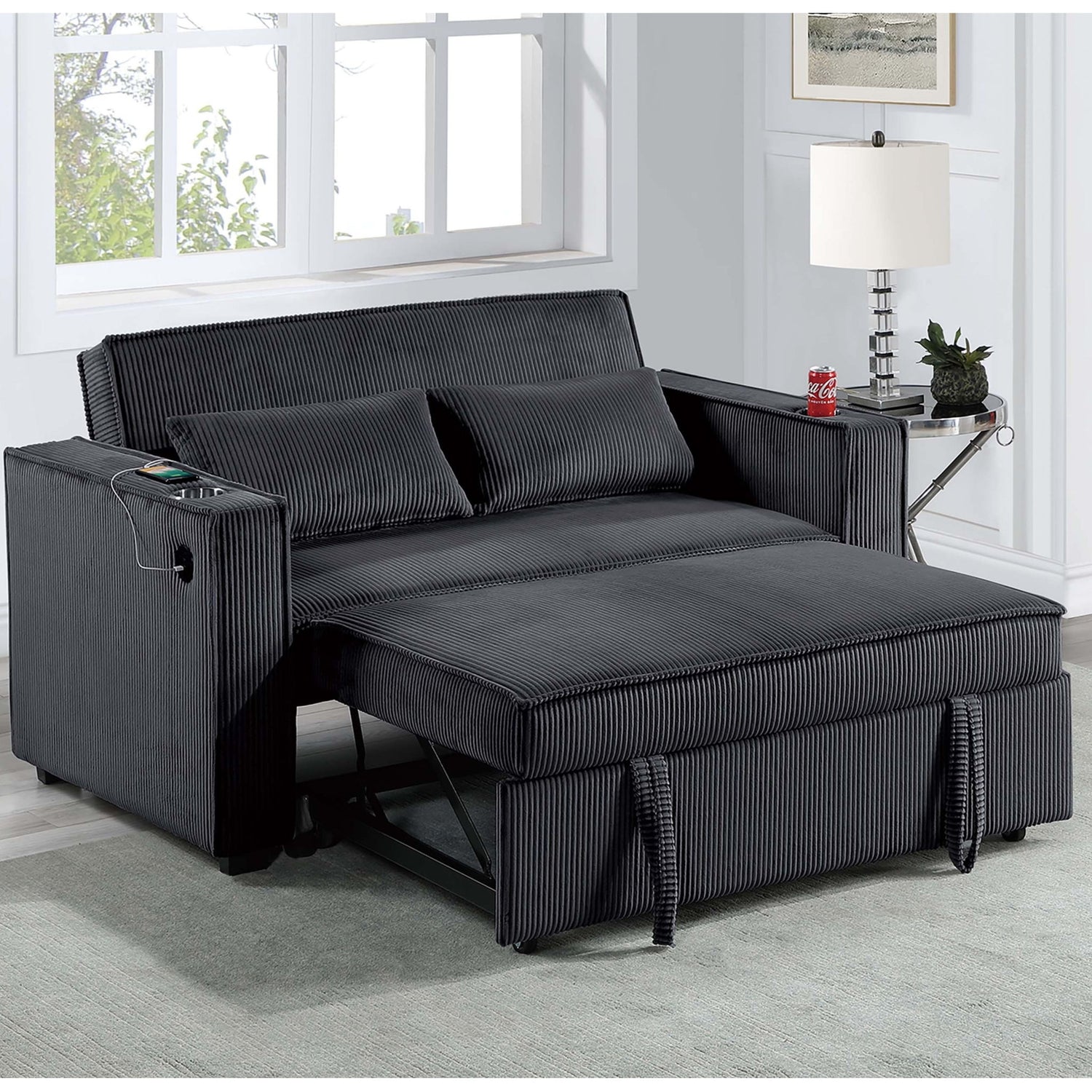 Modern Style Convertible Sofa With Pull-Out Bed, USB Ports &amp; Cup Holders