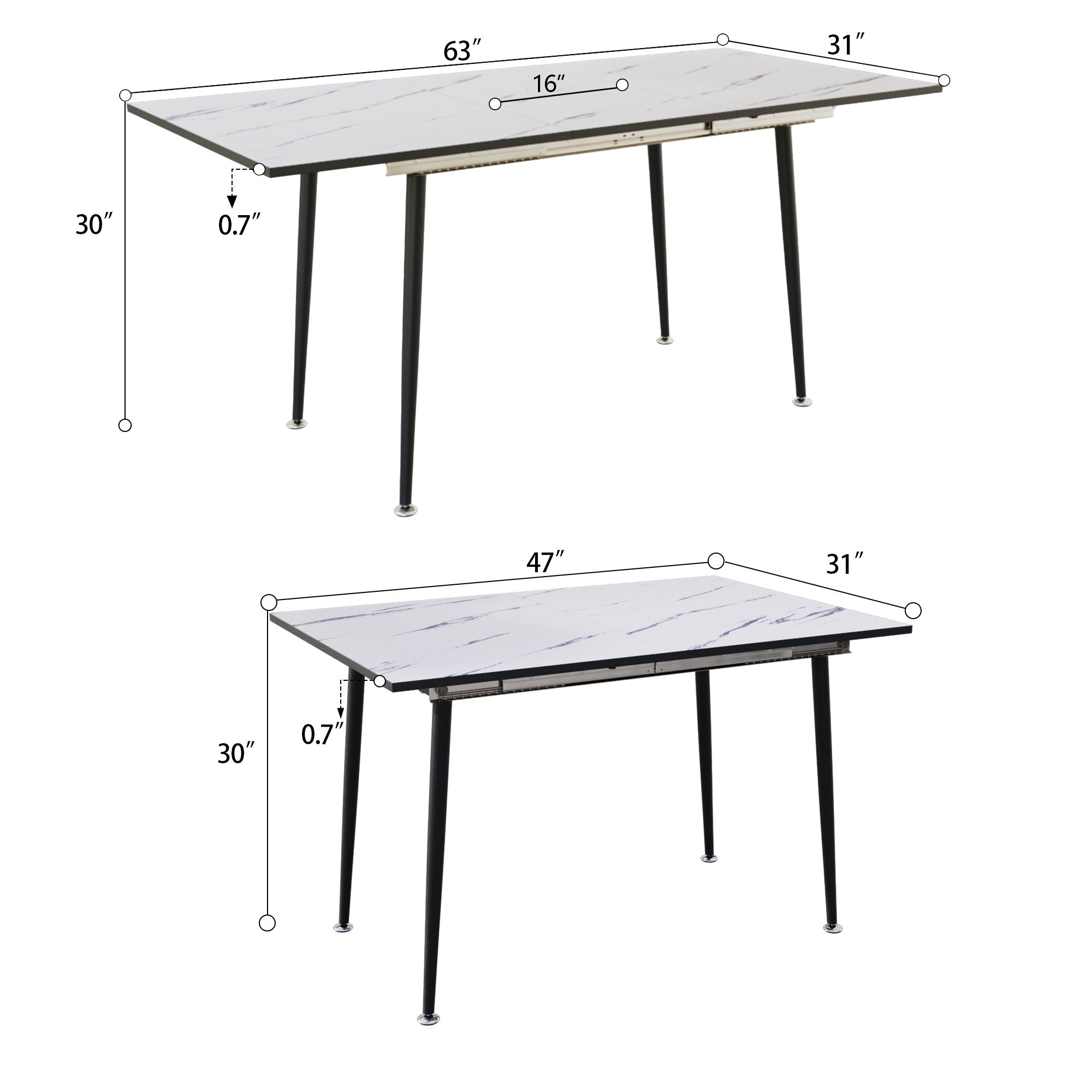 Modern Industrial Expandable Dining Table 47&quot; To With Marble Pattern Top And Metal Legs - White