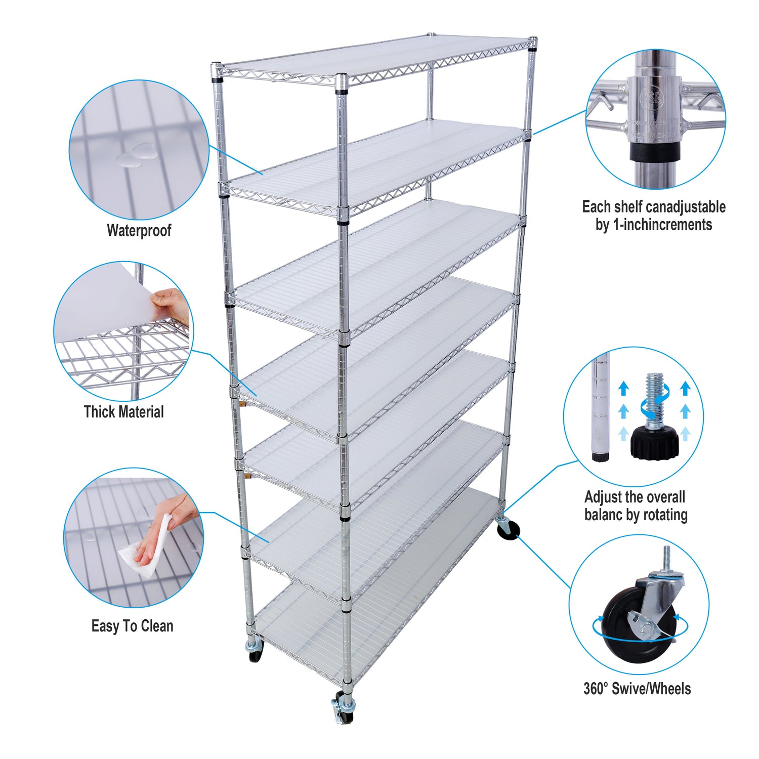 7 Tier Metal Shelf Wire Shelving Unit, 2450Lbs Heavy Duty Adjustable Storage Rack With Wheels &amp; Shelf Liners For Closet Kitchen Garage Basement Commercial Shelving
