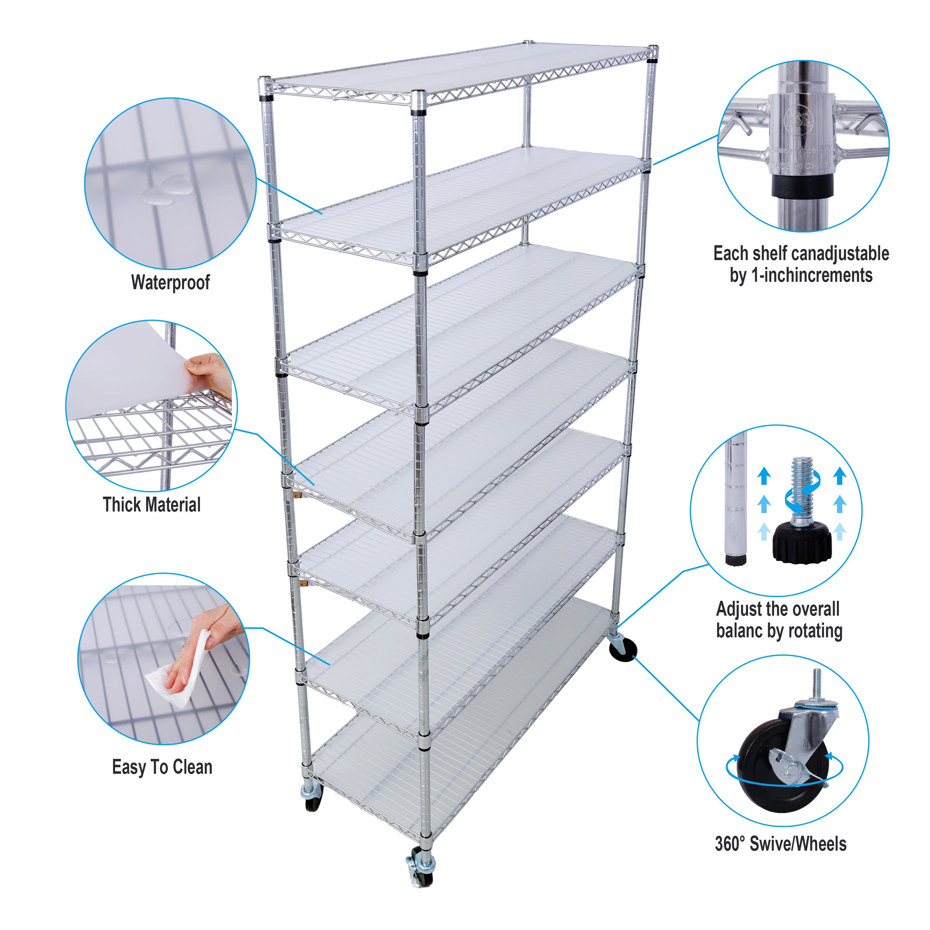 7 Tier Metal Shelf Wire Shelving Unit, 2450Lbs Heavy Duty Adjustable Storage Rack With Wheels &amp; Shelf Liners For Closet Kitchen Garage Basement Commercial Shelving