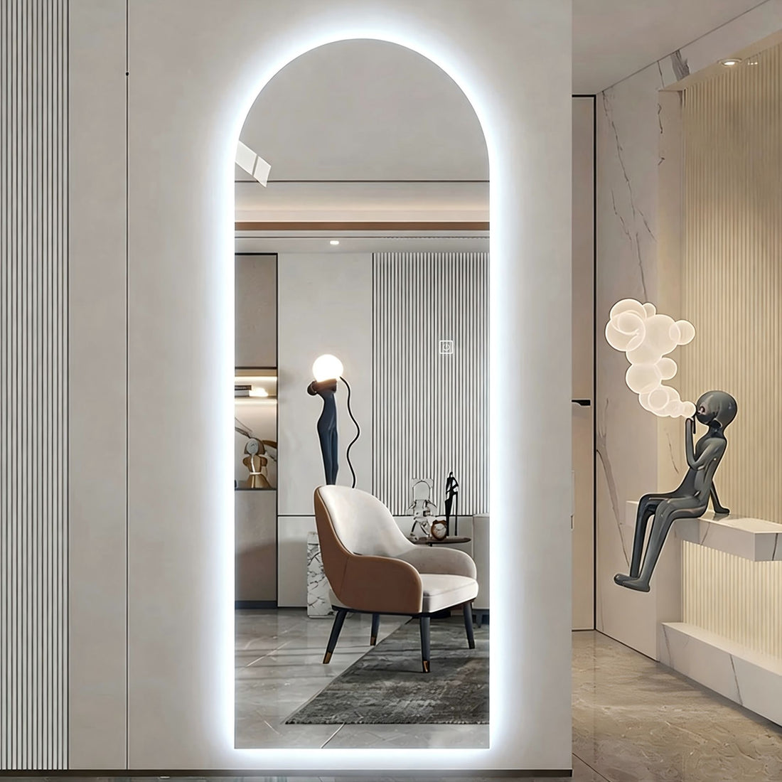 LED Full Length Wall Mirror With Symmetrical Arch Design, 3 Color Dimmable Lighting - Silver