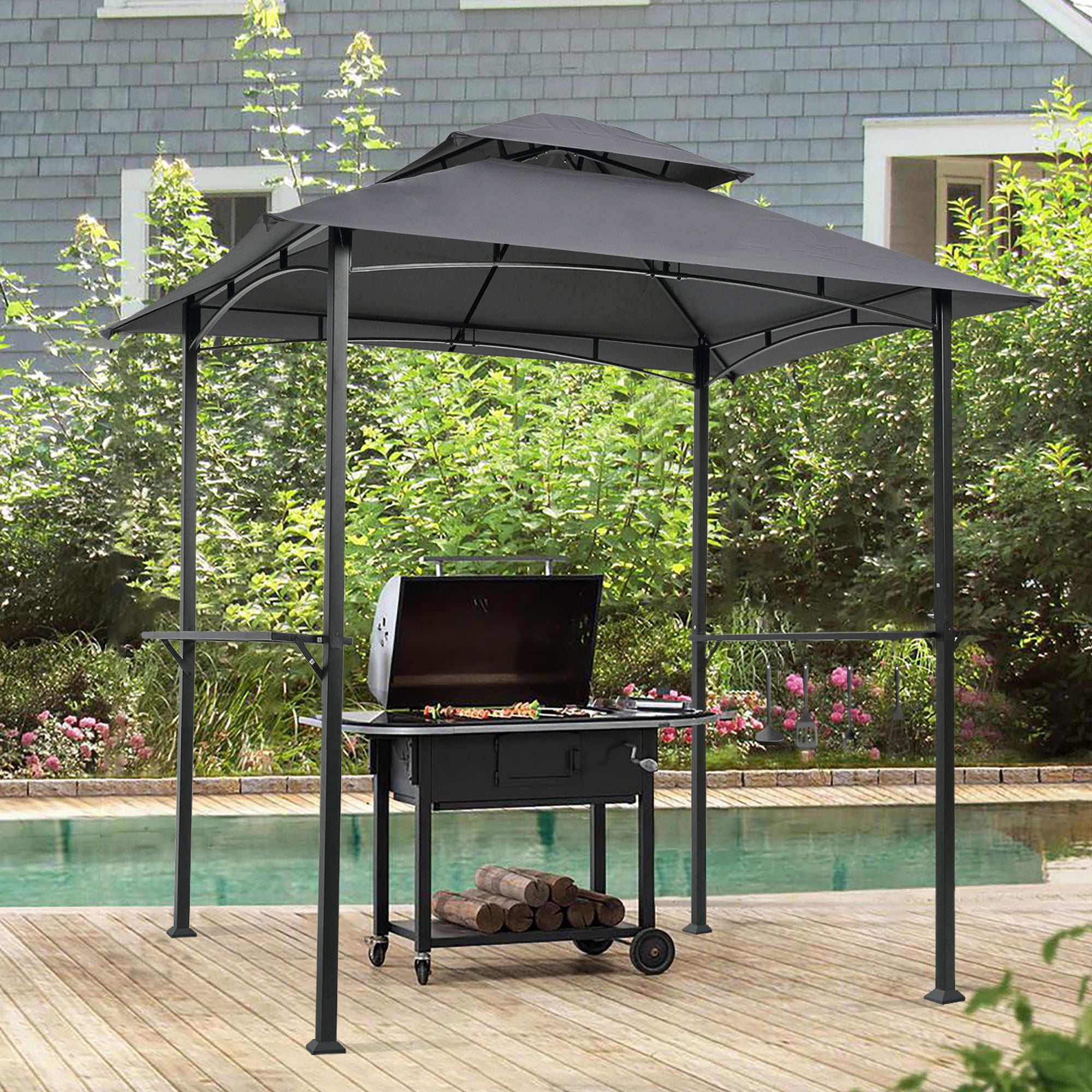 Outdoor Grill Gazebo With Double Tier Soft Top Canopy, Steel Frame, Bar Counters &amp; Hook