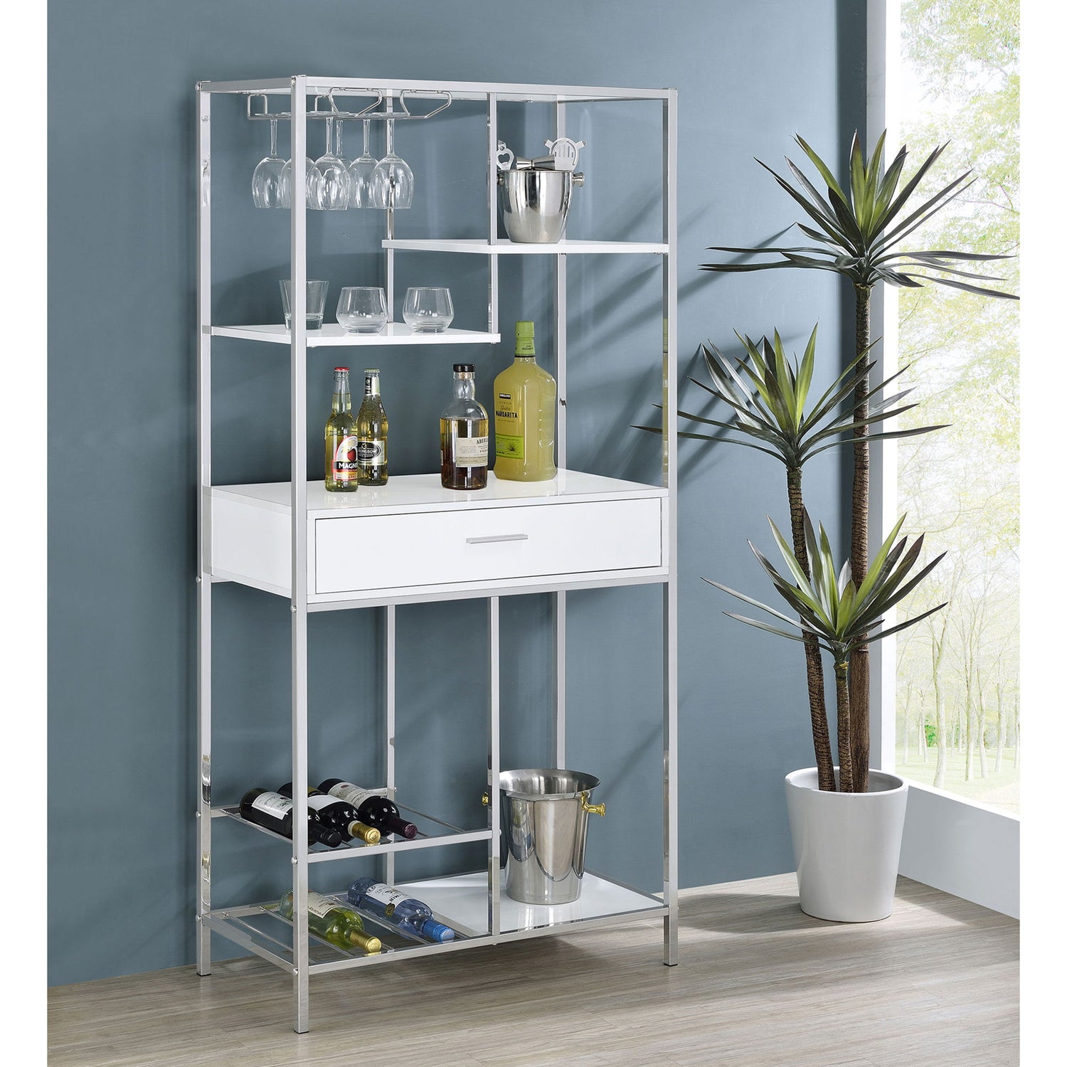 Draper - 5 Shelf LED Wine Cabinet With Pull Out Drawer - Gloss White