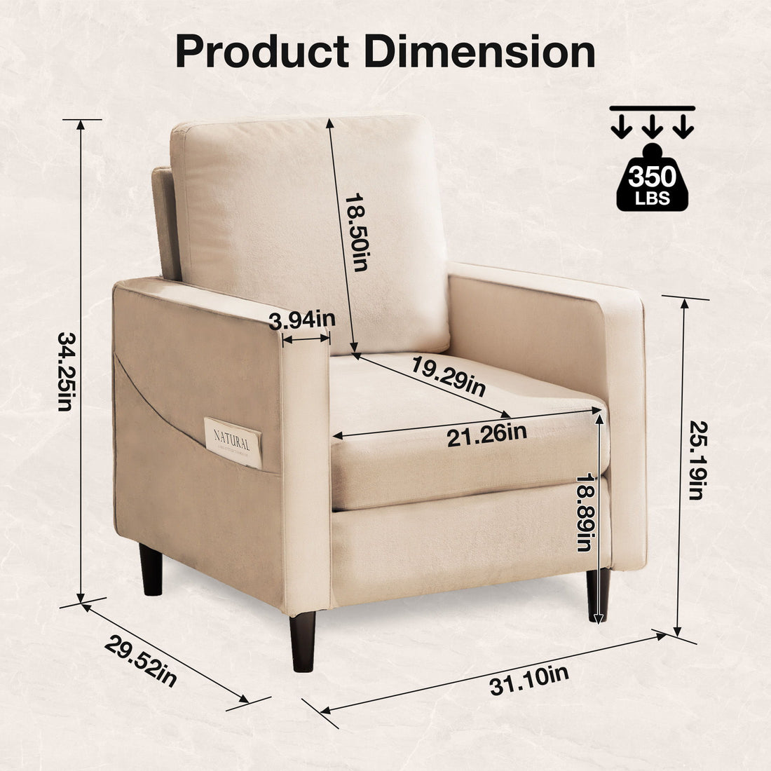 Mid-Century Accent Chair, Modern Linen Armchair For Living Room, Double Side Pockets,, Comfortable And Padded Reading Feature Sofa Chair, Suitable For Bedrooms, Living Rooms, And Offices - Beige