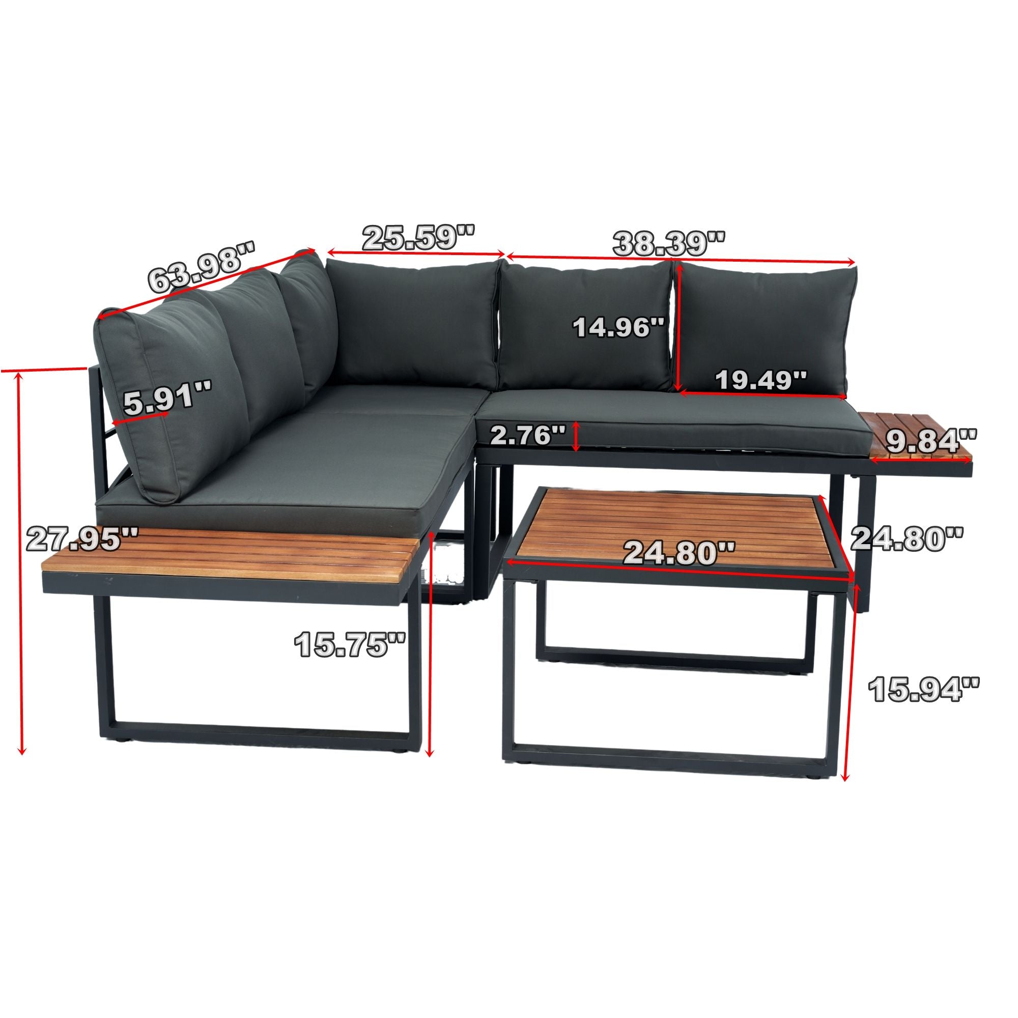 4 Piece L-Shaped Patio Wicker Outdoor 5 Seater Sectional Sofa Seating Group Conversation Sets With Side Table &amp; Cushions - Dark Gray