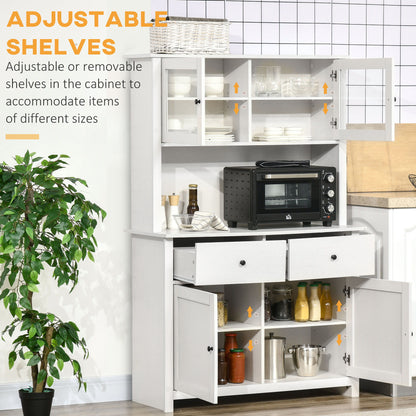 Homcom - 63.5&quot; Kitchen Buffet With Hutch, Pantry Storage Cabinet With 4 Shelves, Drawers, Framed Glass Doors, Open Microwave Countertop - Antique White
