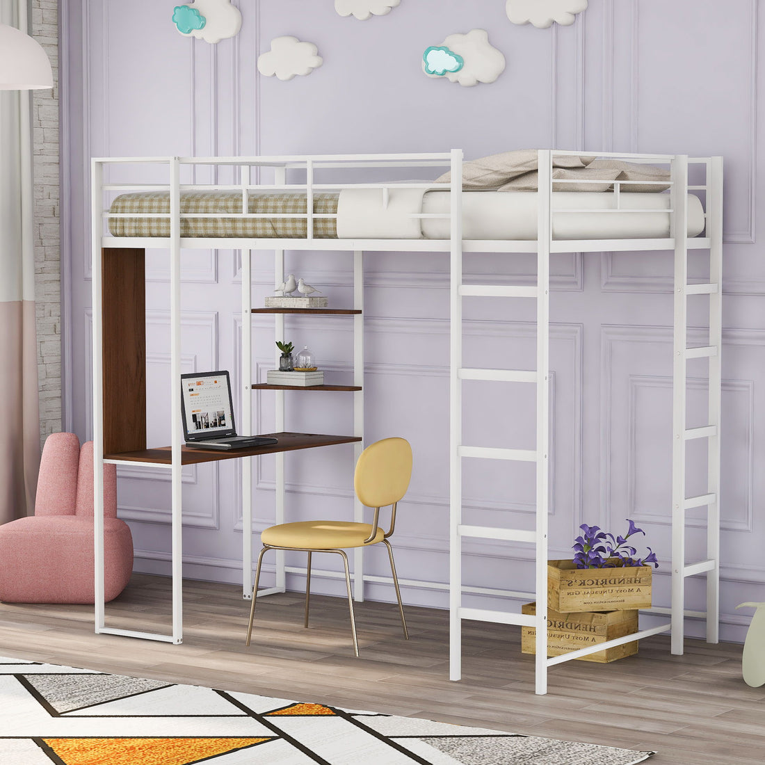 Hearth &amp; Haven - Twin Metal Loft Bed With 2 Shelves And One Desk - White