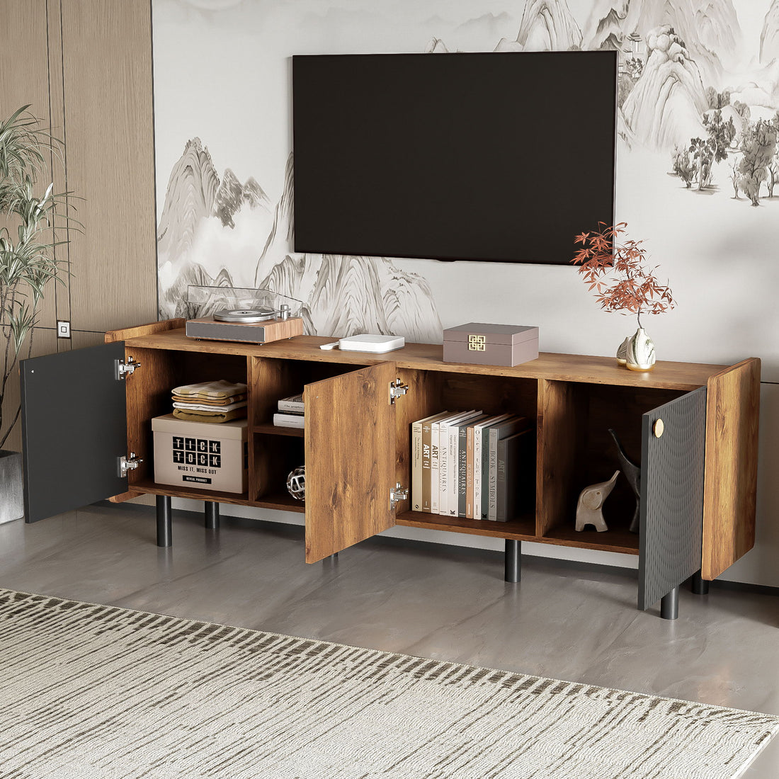 Mid Century TV Stand &amp; 3 Cabinets, Media Console Table For Tvs Up To 70&
