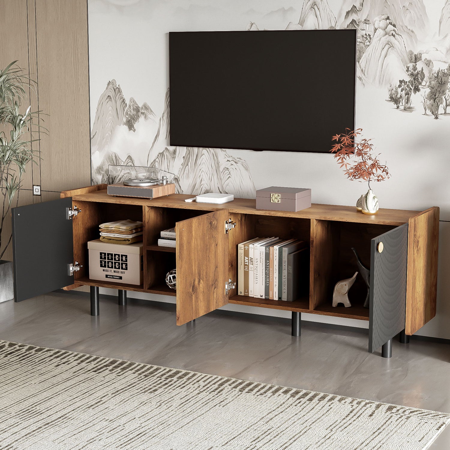 Mid Century TV Stand &amp; 3 Cabinets, Media Console Table For Tvs Up To 70&