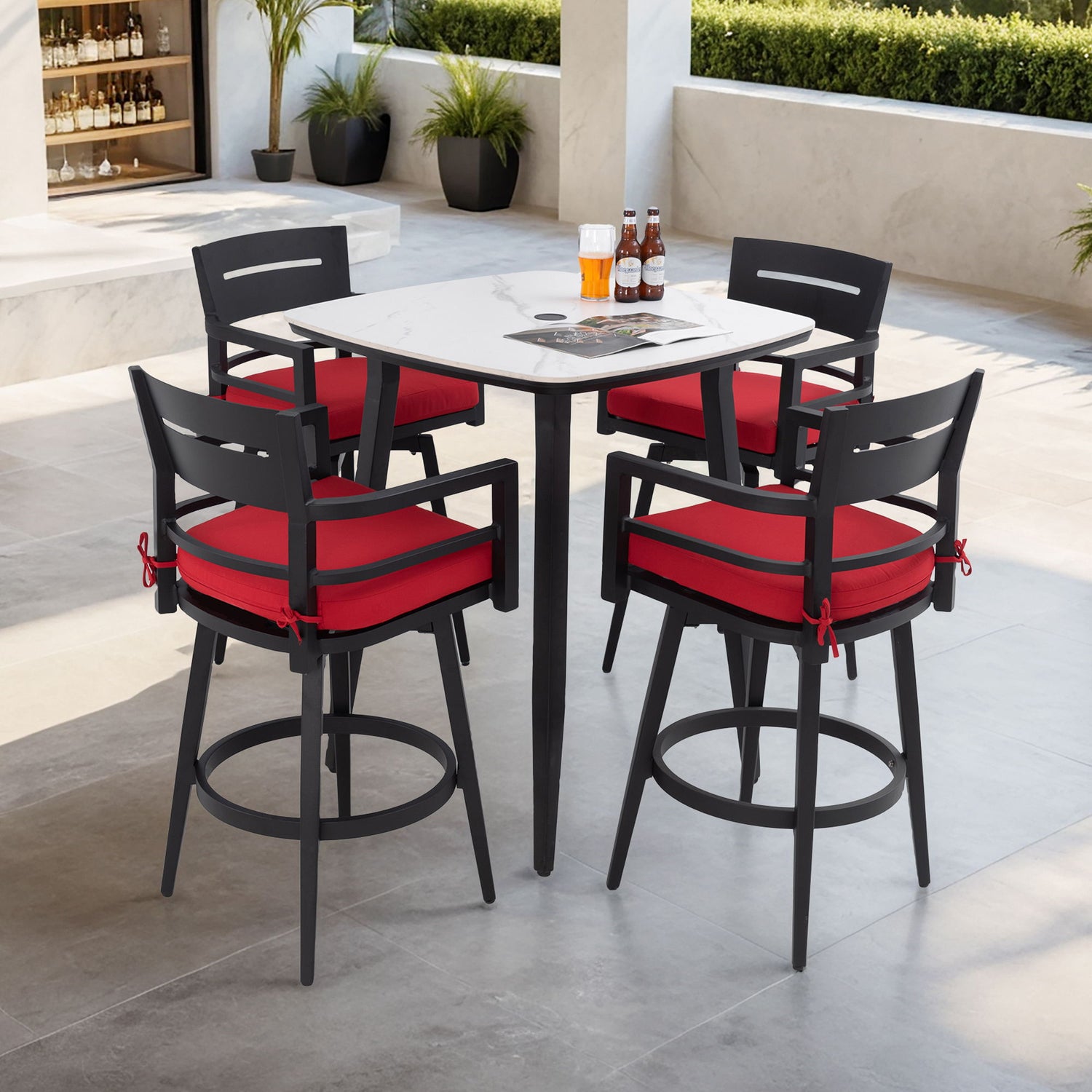 5 Pieces Outdoor Patio Bar Set, Rounded Square Sintered Stone Table &amp; 4 Swivel Bar Chairs