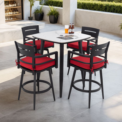 5 Pieces Outdoor Patio Bar Set, Rounded Square Sintered Stone Table &amp; 4 Swivel Bar Chairs