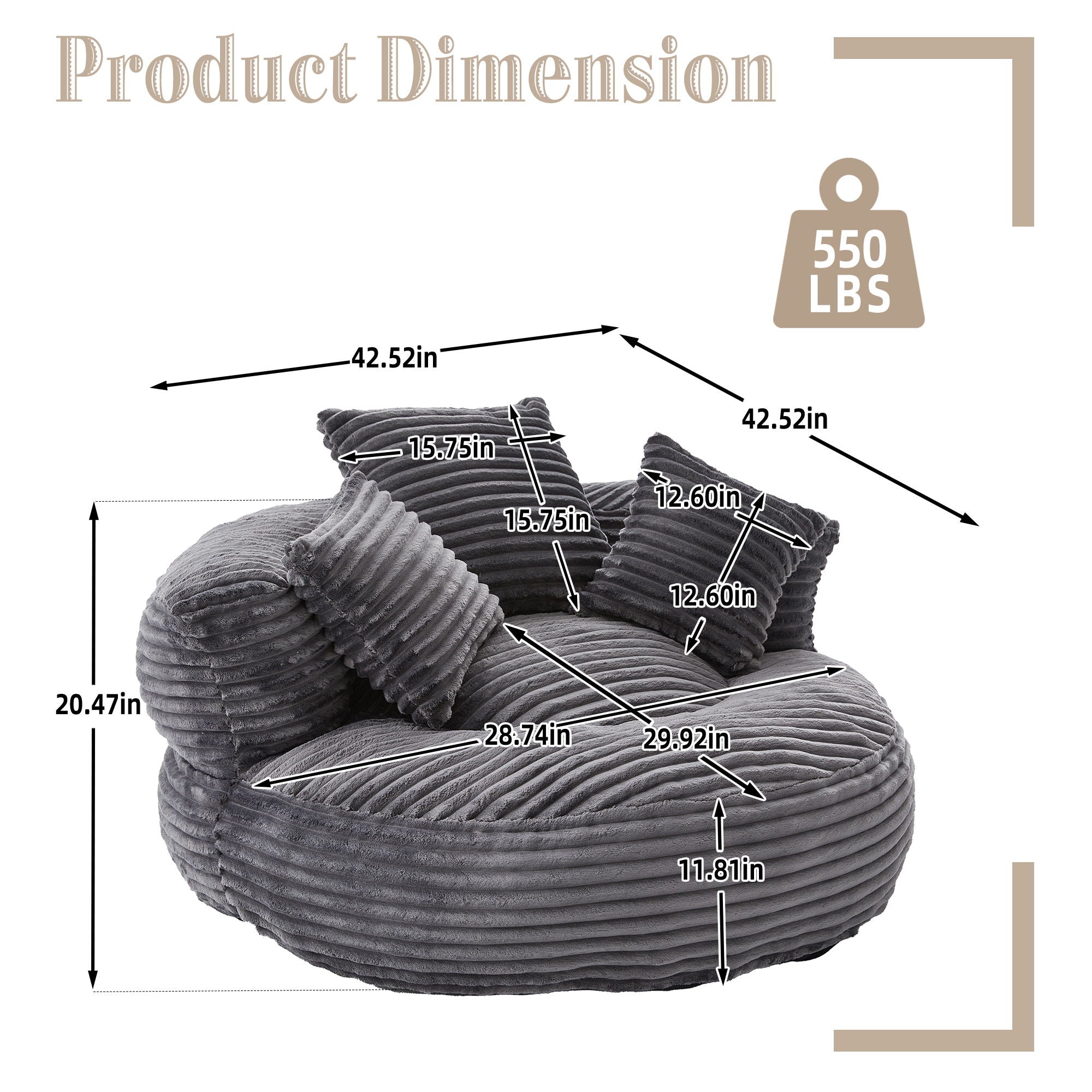 Oversized Bean Bag Chair With 3 Pillows &amp; Armrest - Dark Gray