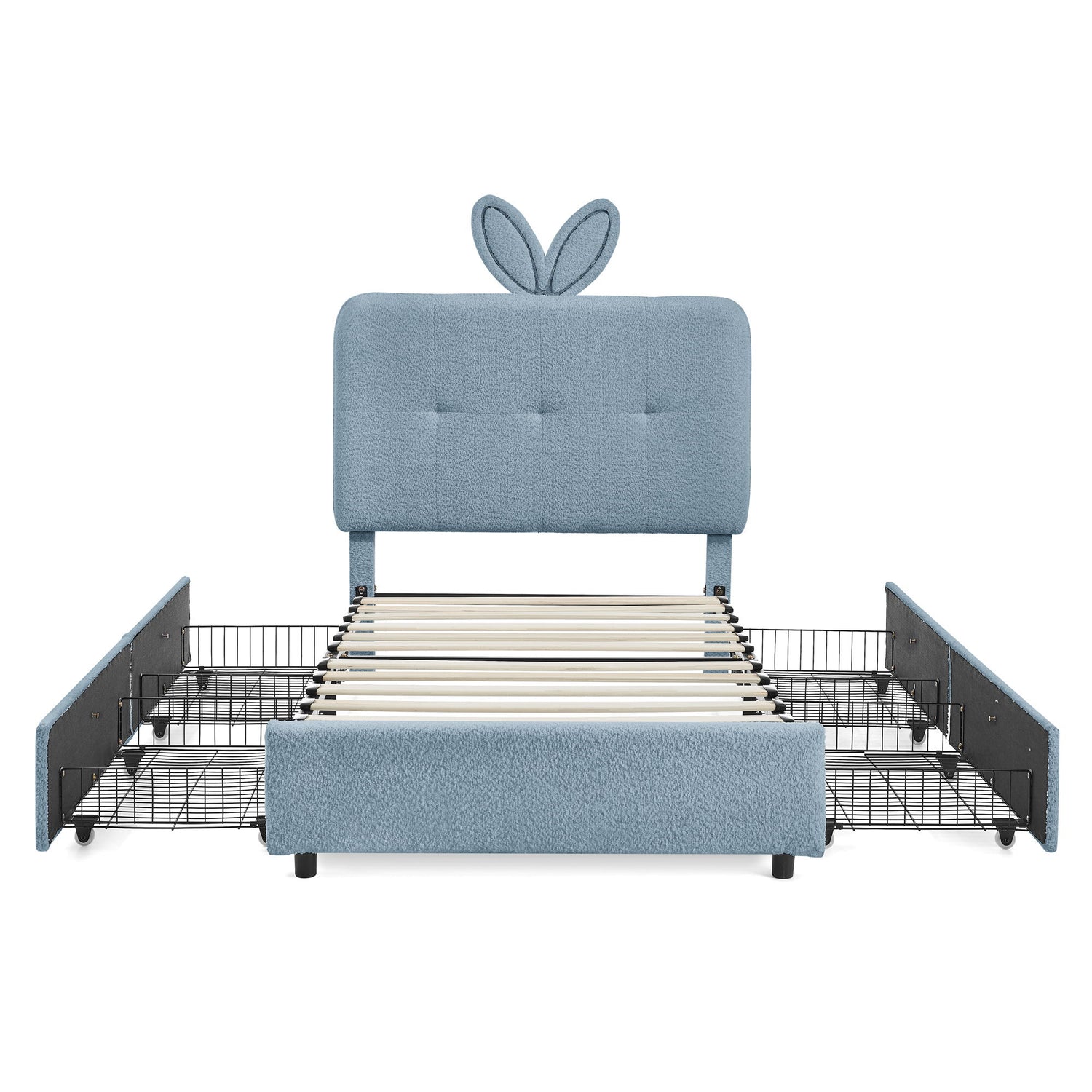 Upholstered Bed With Oversized Rabbit Ear Headboard, LED Lights &amp; 4 Storage Drawers