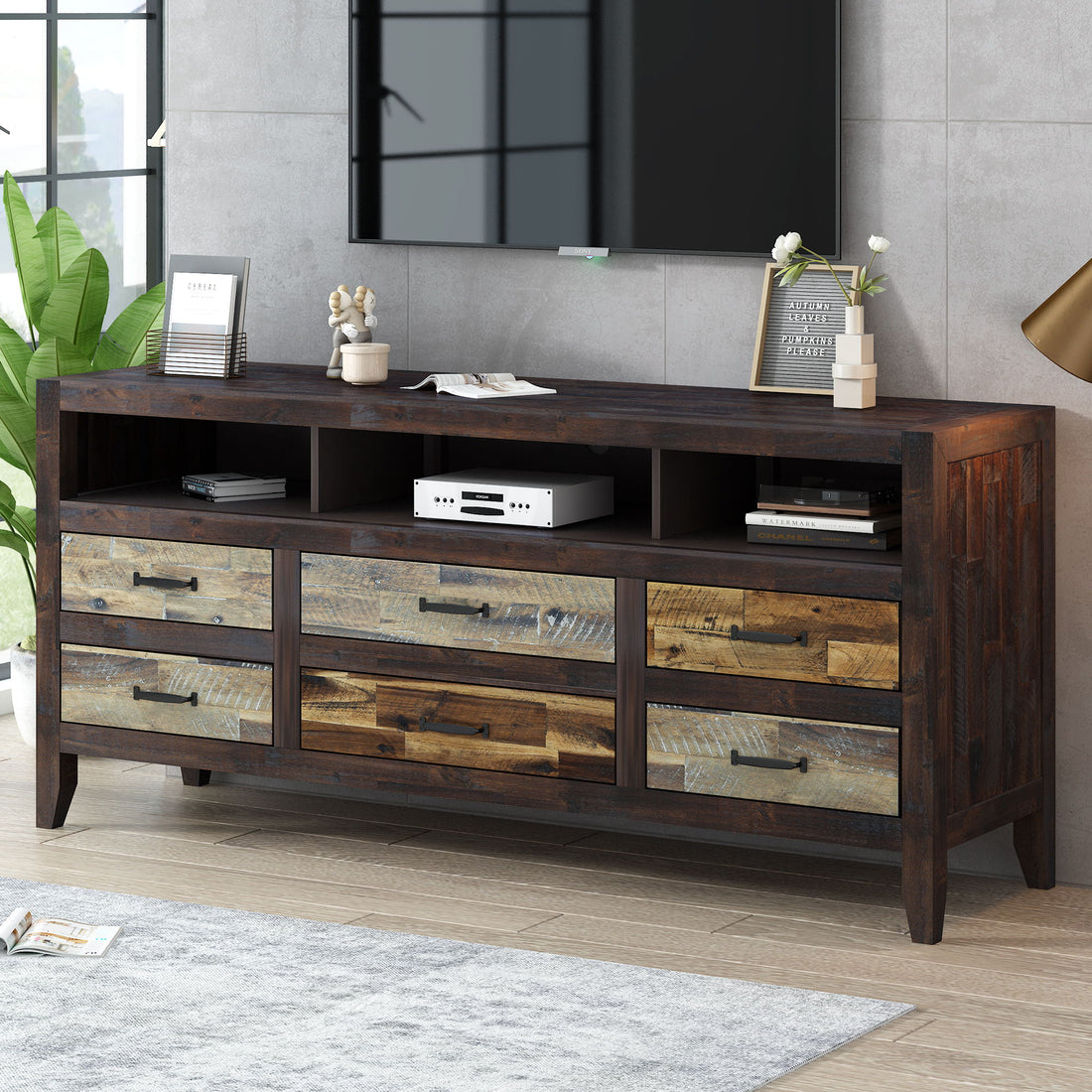 Retro Distressed Wooden TV Stand For TVs Up To 65&quot;, Entertainment Center Media Console With 6 Drawers And 3 Shelves For Living Room