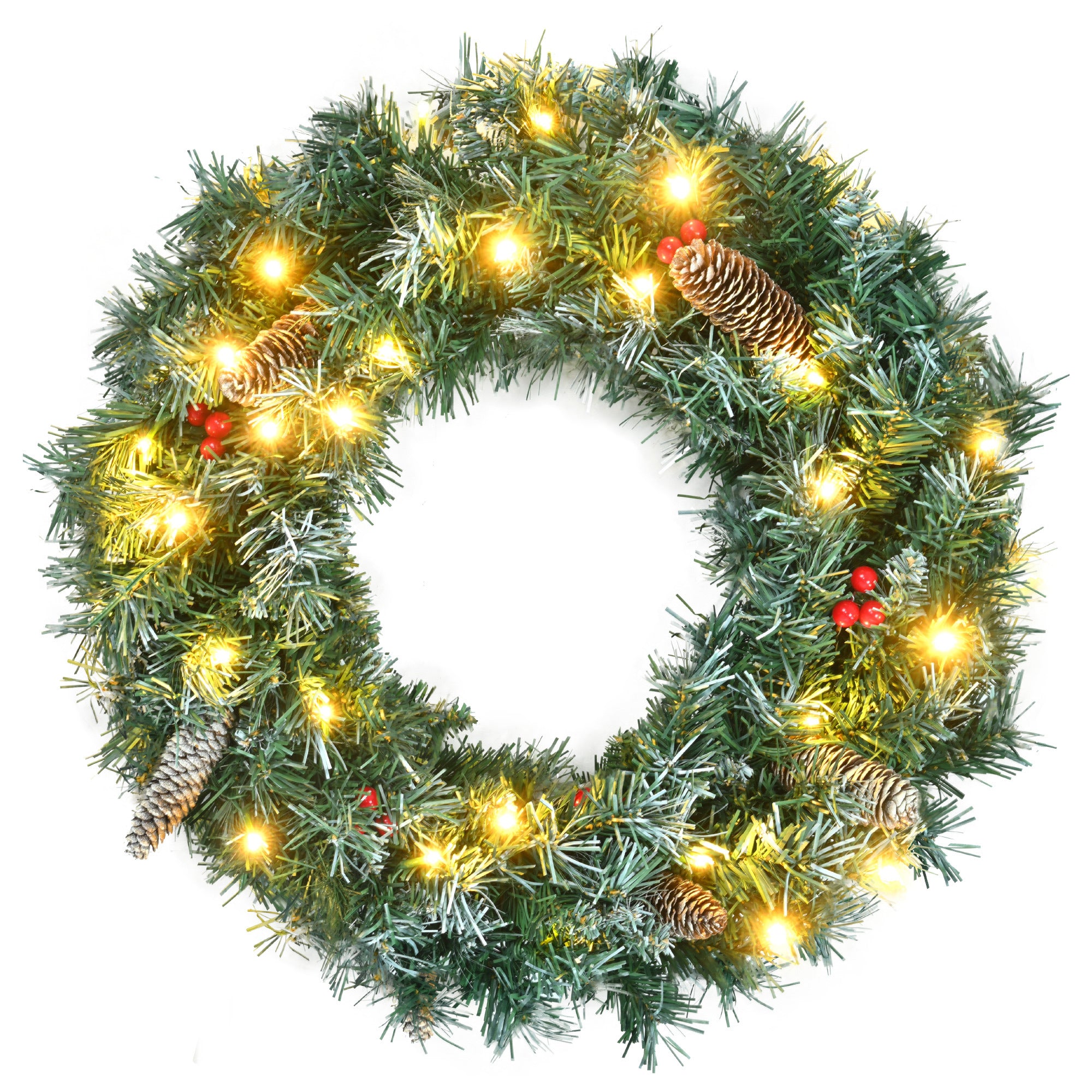 6FT Dark Green Pine Christmas Tree, Pre-Lit Set with Tree &amp; Garland &amp; Wreath, Hinged Artificial Xmas Tree with White Tips, Red Berries and Pine Cones, 11 Colorful Modes, Indoor Holiday Decoration