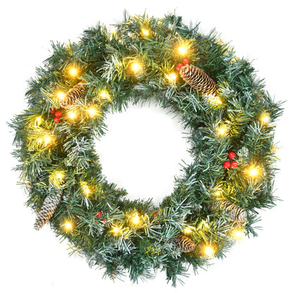 6FT Dark Green Pine Christmas Tree, Pre-Lit Set with Tree &amp; Garland &amp; Wreath, Hinged Artificial Xmas Tree with White Tips, Red Berries and Pine Cones, 11 Colorful Modes, Indoor Holiday Decoration