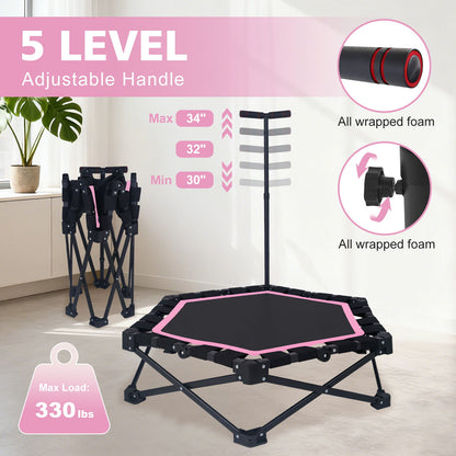 Foldable Mini Trampoline, 1 Step Fold &amp; Open, 3 Level Adjustable T - Bar, Indoor &amp; Outdoor Workout - Black / Pink