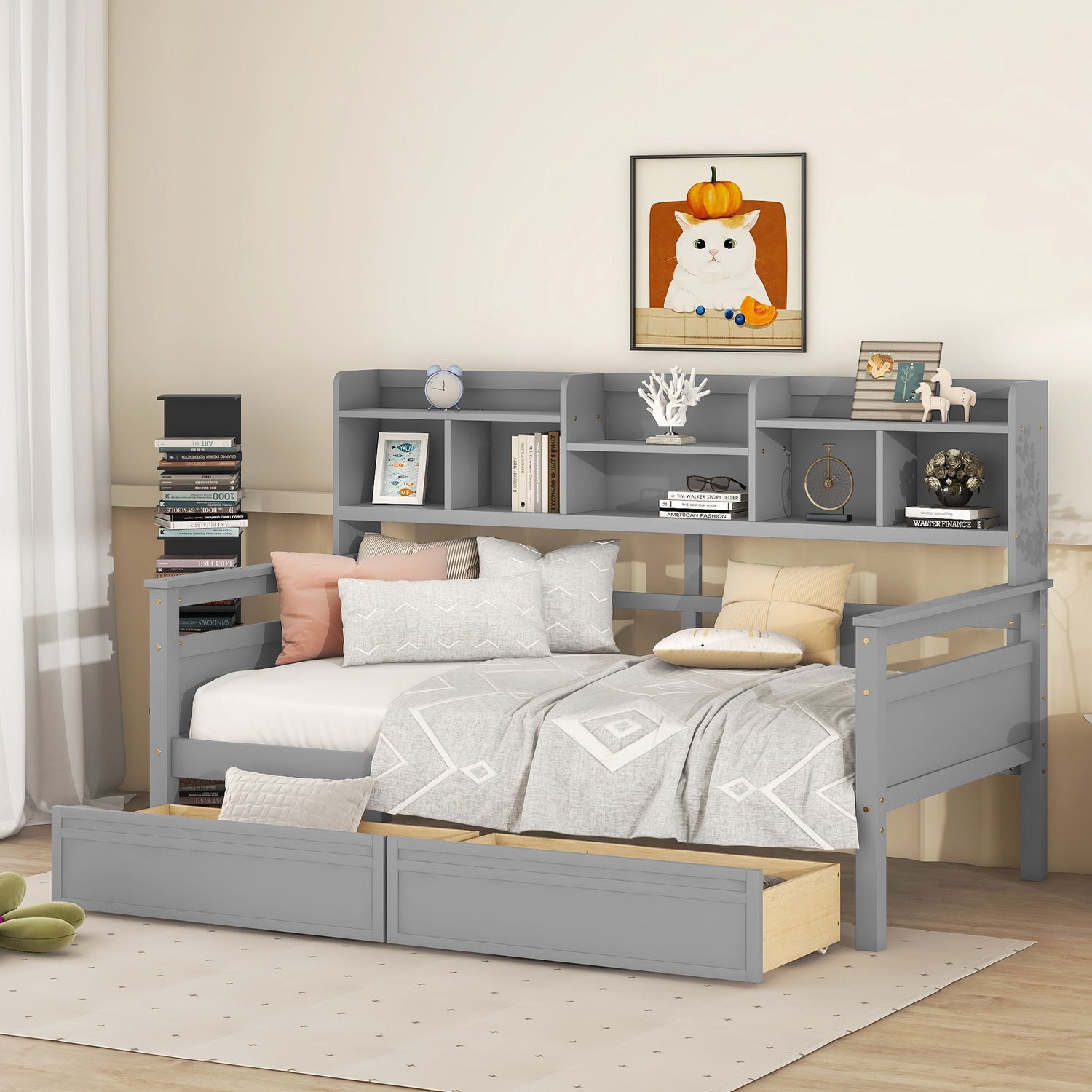 Daybed, Slat Support, With Bedside Shelves And 2 Drawers