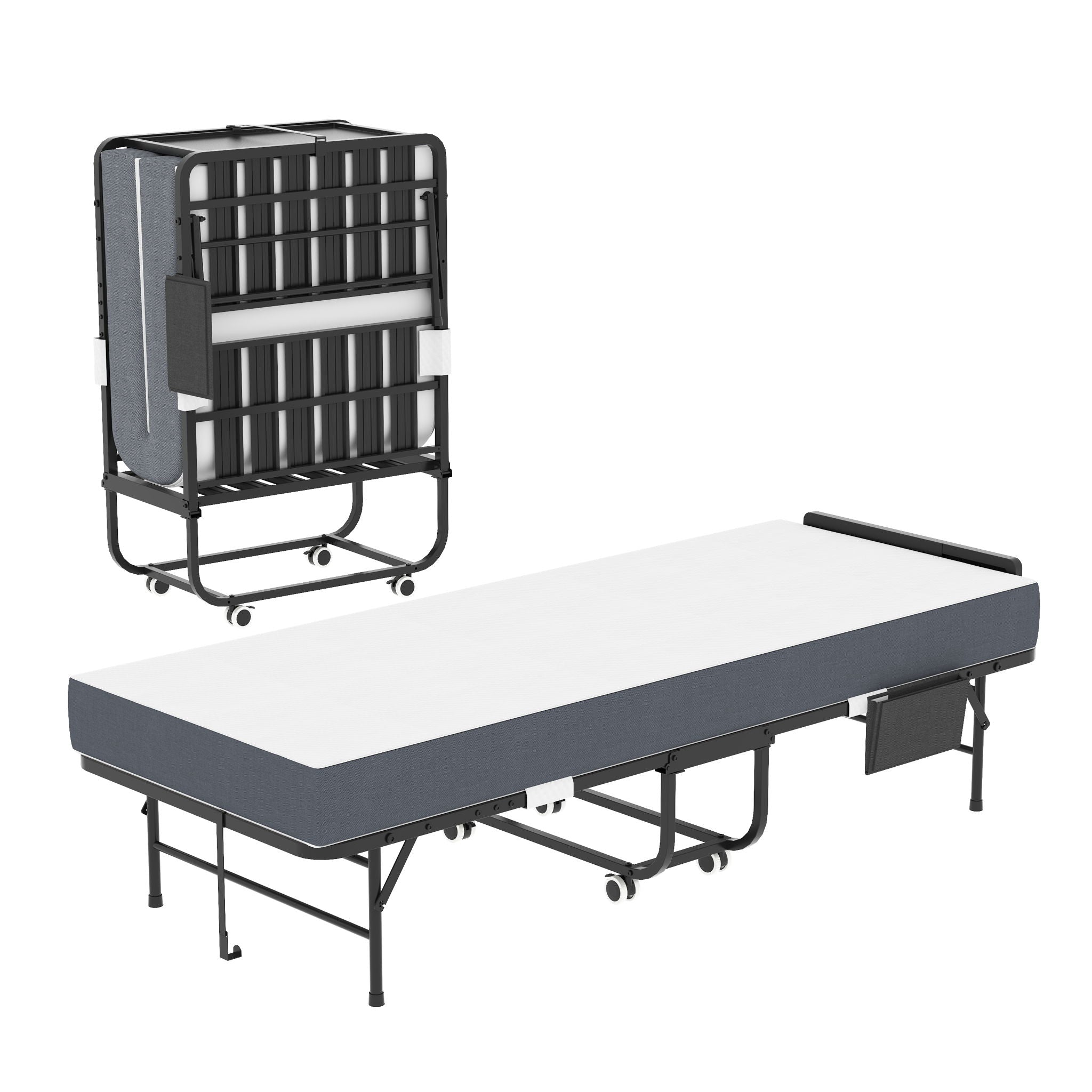 Twin Folding Bed With Adjustable Headboard &amp; Memory Foam, Space Saving Rollaway Guest For Tall People, Portable On Wheels, Easy Assembly - Black