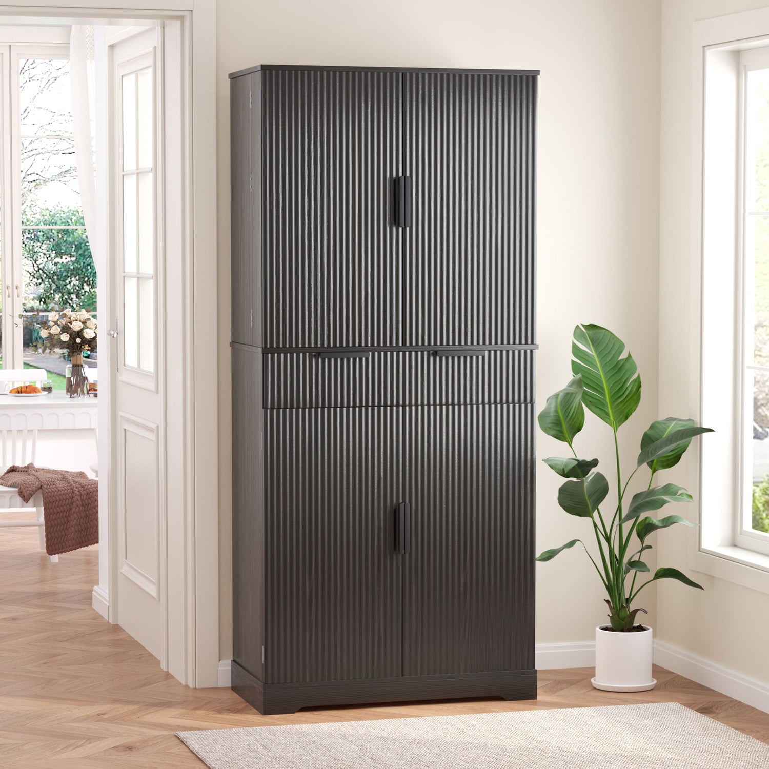 Fluted Kitchen Pantry Cabinet With 3 Keyboard Drawers &amp; 6 Adjustable Door Shelves