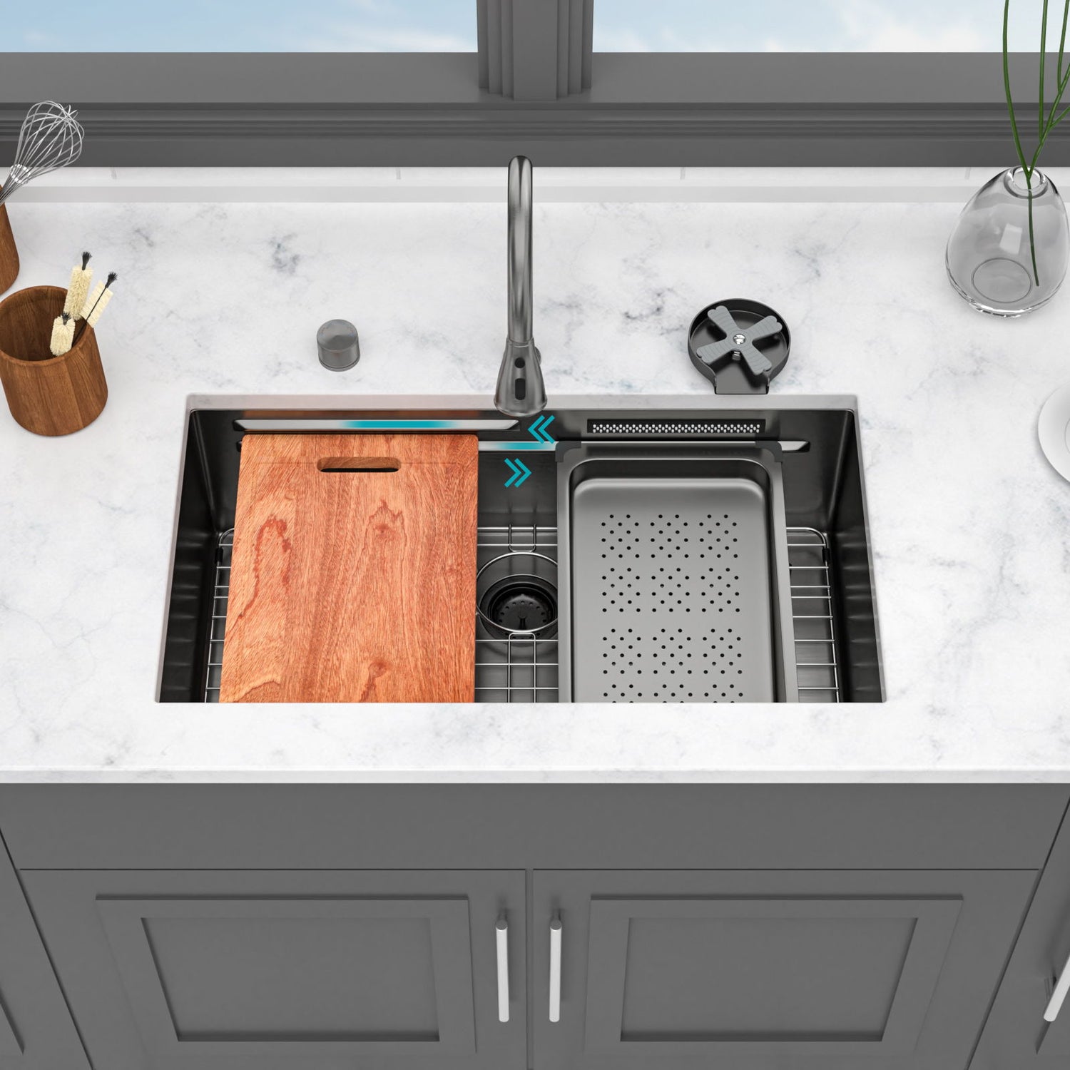 Undermount Stainless Steel Kitchen Sink With Pull Down Faucet &amp; Ledge Workstation