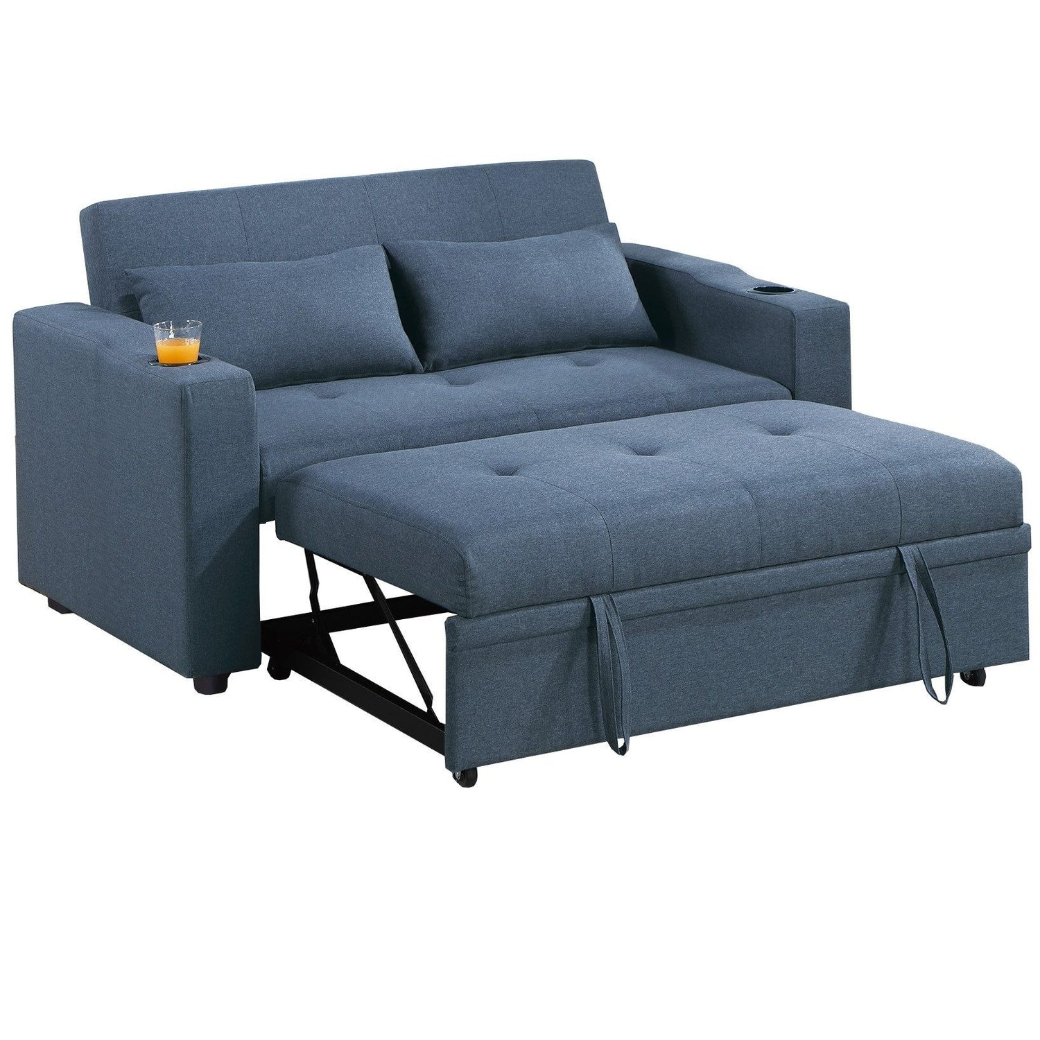 Modern Style Convertible Sofa With Pull-Out Bed, USB Ports &amp; Cup Holders