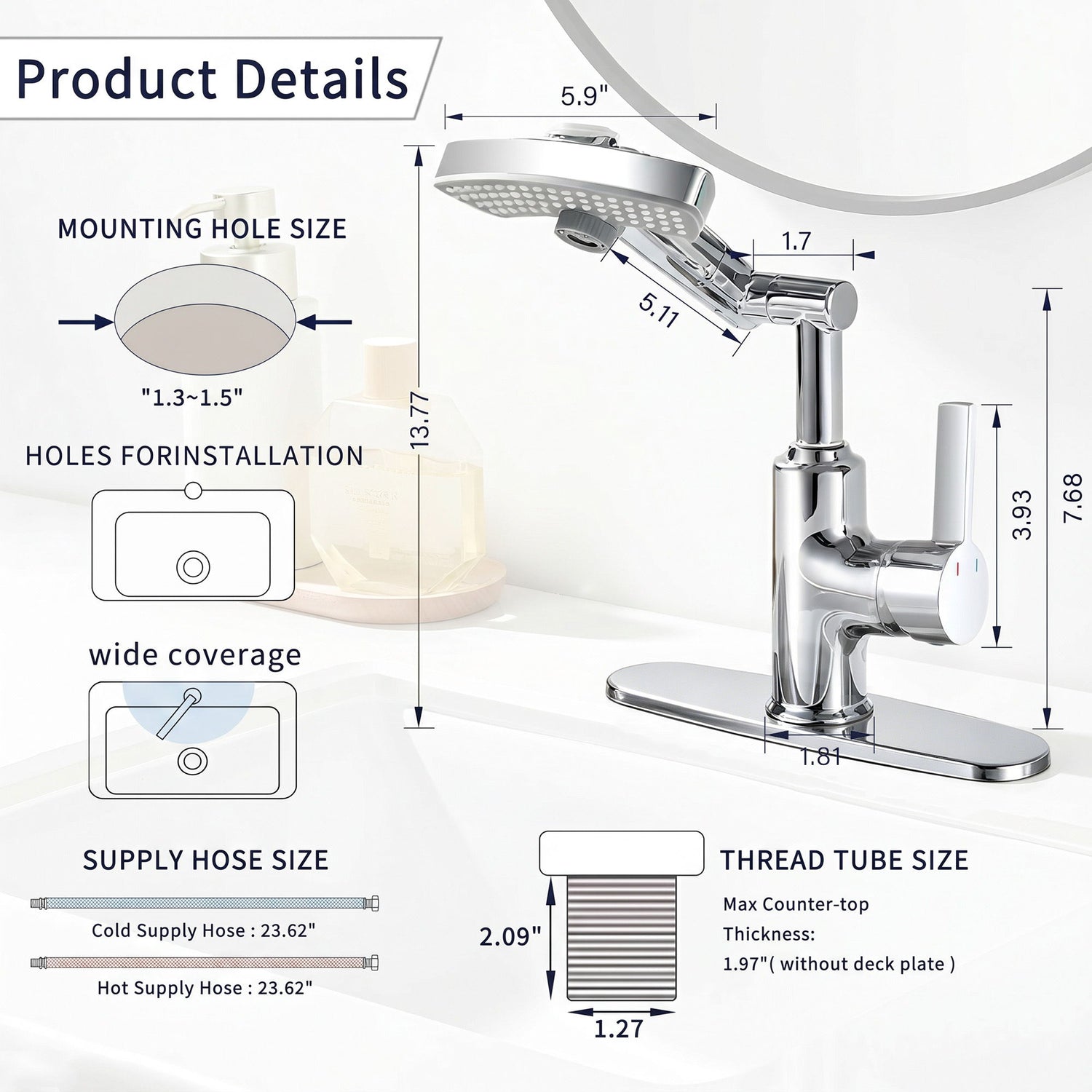 LED Temperature Display Bathroom Faucet With 3 Water Modes &amp; 360° Rotating Spout - Chrome