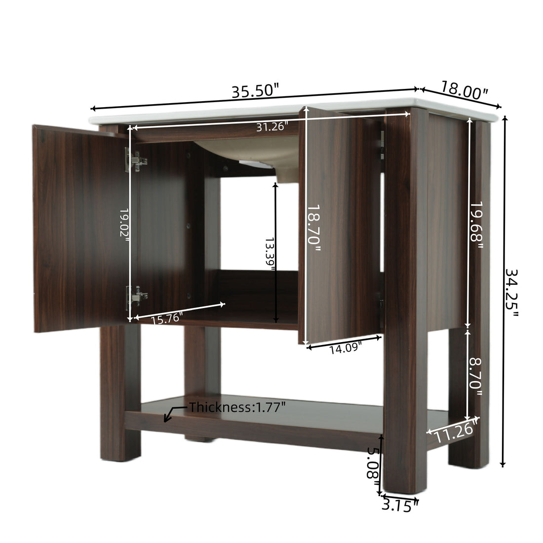 36&quot; Modern Bathroom Vanity With Rectangle Ceramic Sink, Bathroom Cabinet And 45 Degrees Free Handle Design Soft Closing Doors, 1 Open Shelf At The Bottom - Dark Brown